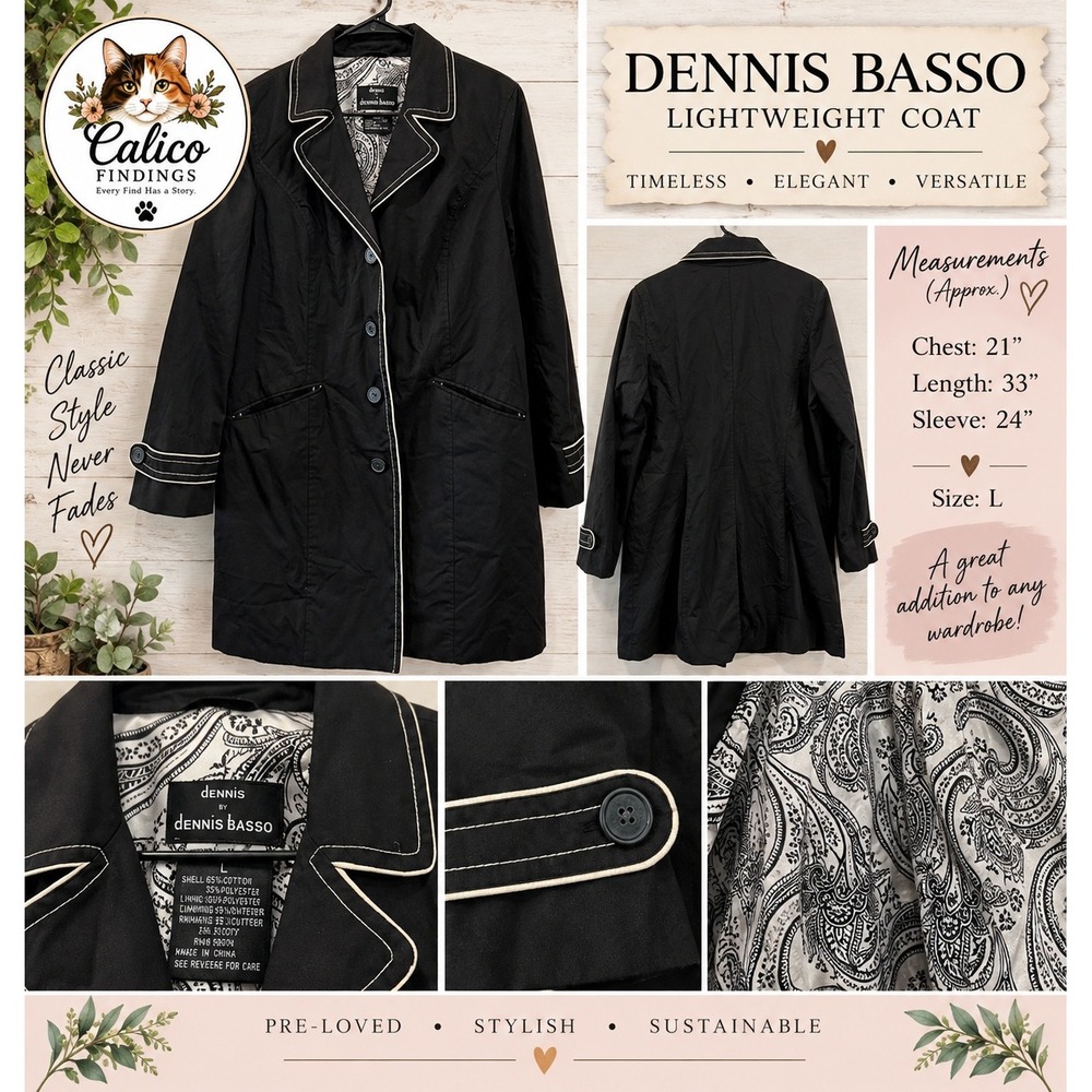 Dennis by Dennis Basso Black Trench Coat Paisley Lining Contrast Piping Large